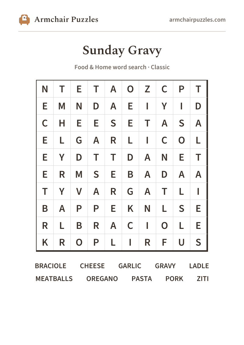 The printable Sunday Gravy word search sheet