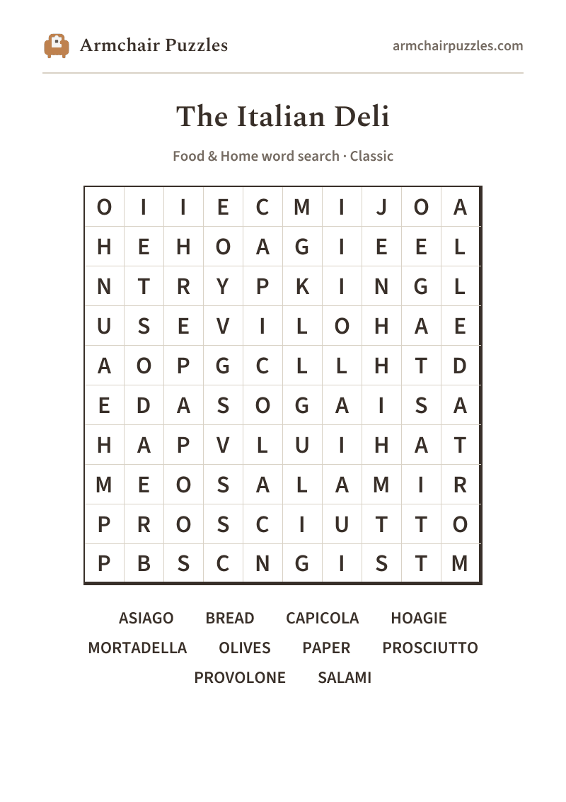 The printable The Italian Deli word search sheet: large-print Classic grid with its word list
