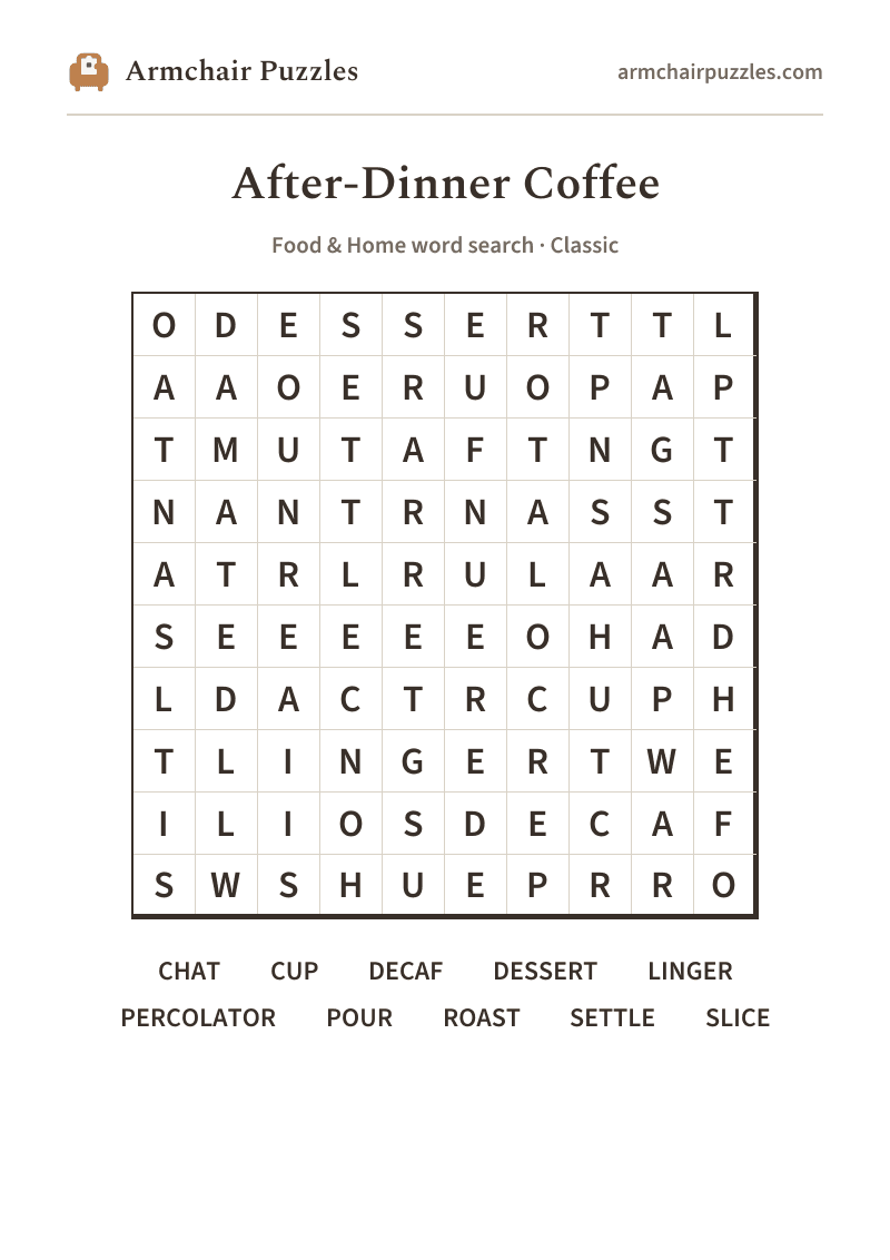 The printable After-Dinner Coffee word search sheet