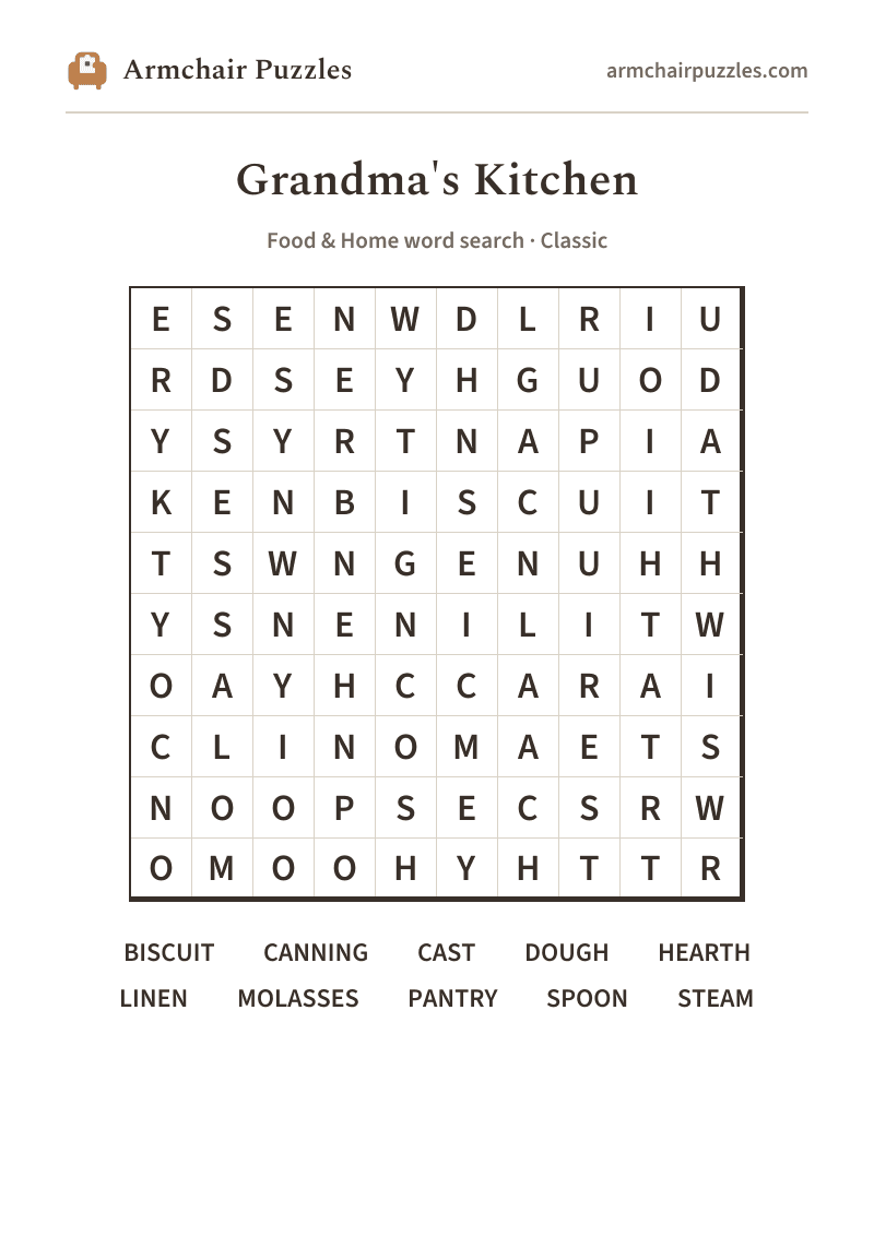 The printable Grandma's Kitchen word search sheet: large-print Classic grid with its word list
