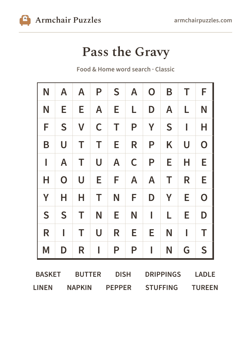 The printable Pass the Gravy word search sheet