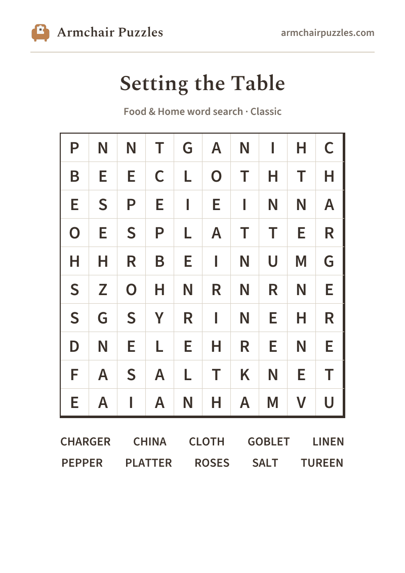 The printable Setting the Table word search sheet
