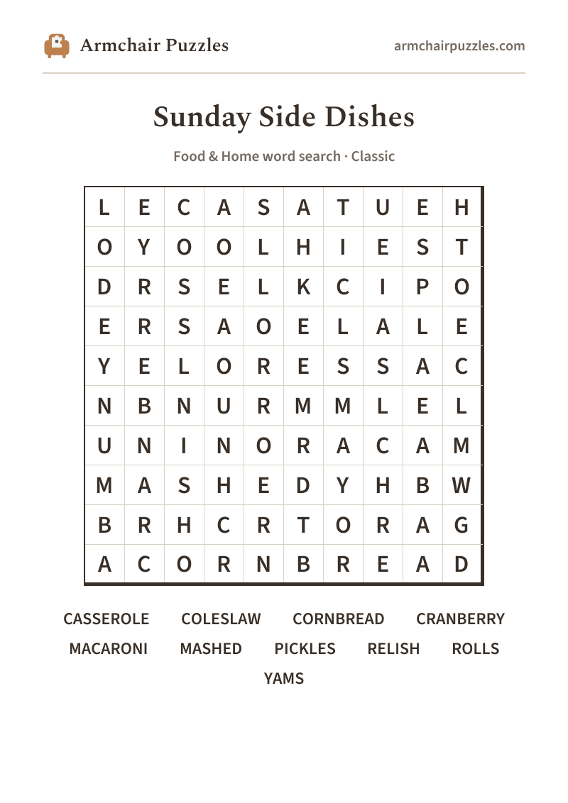 The printable Sunday Side Dishes word search sheet