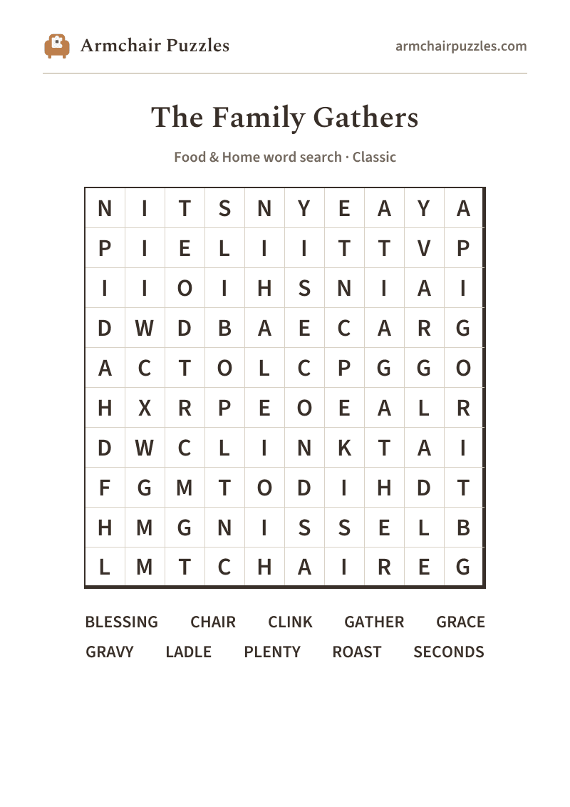 The printable The Family Gathers word search sheet