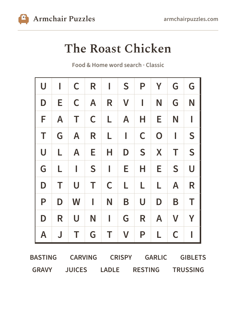 The printable The Roast Chicken word search sheet