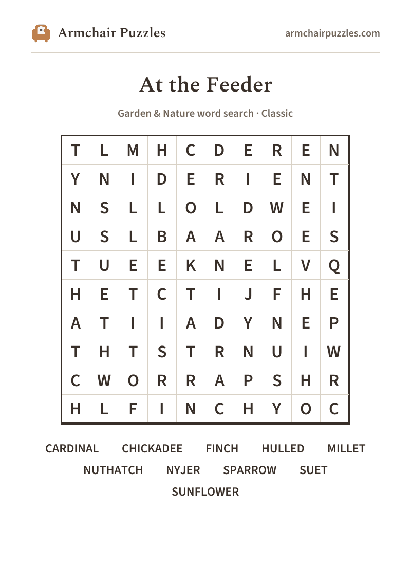 The printable At the Feeder word search sheet
