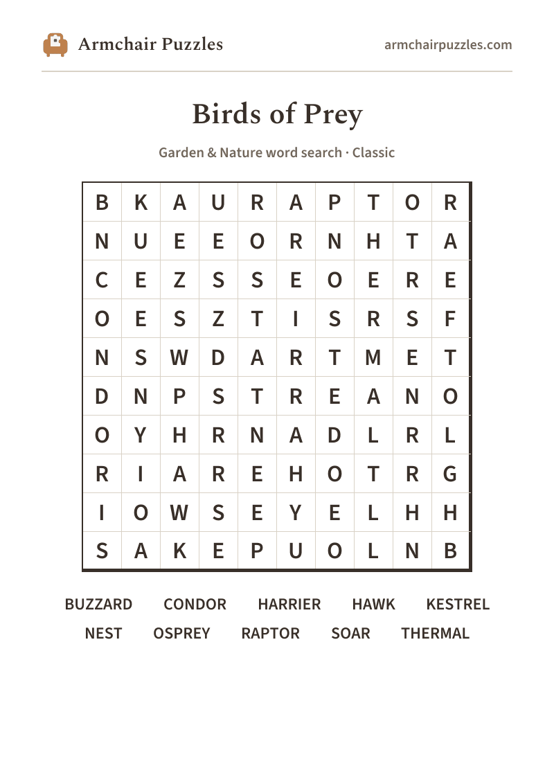 The printable Birds of Prey word search sheet