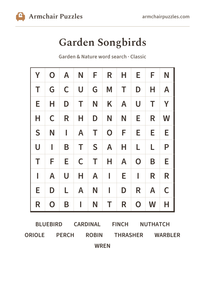 The printable Garden Songbirds word search sheet