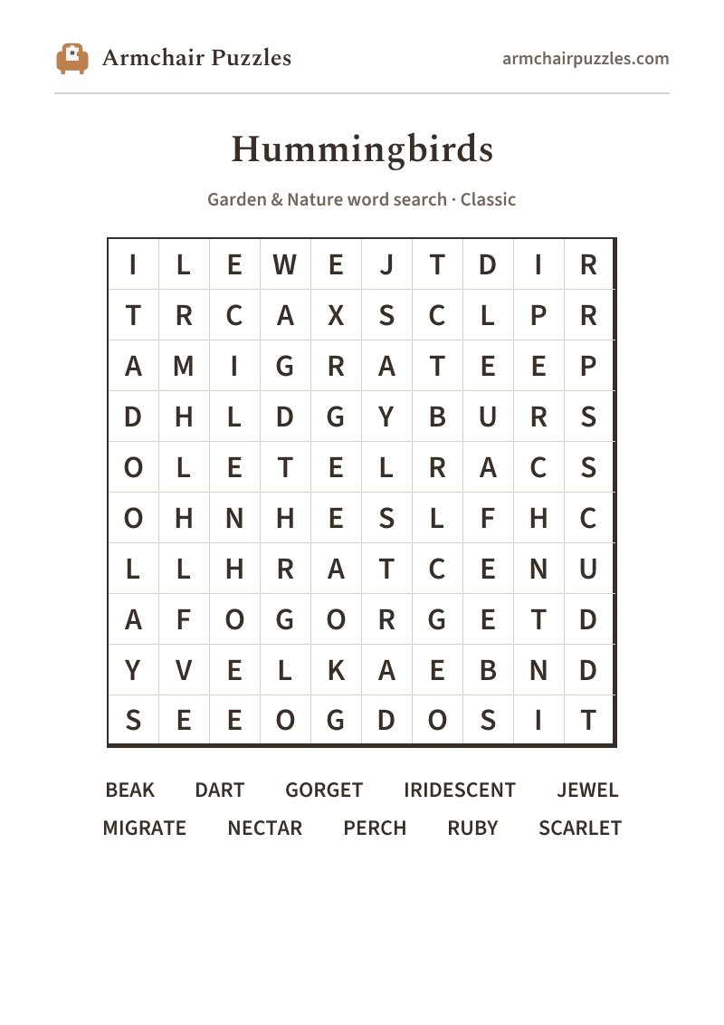 The printable Hummingbirds word search sheet in large print