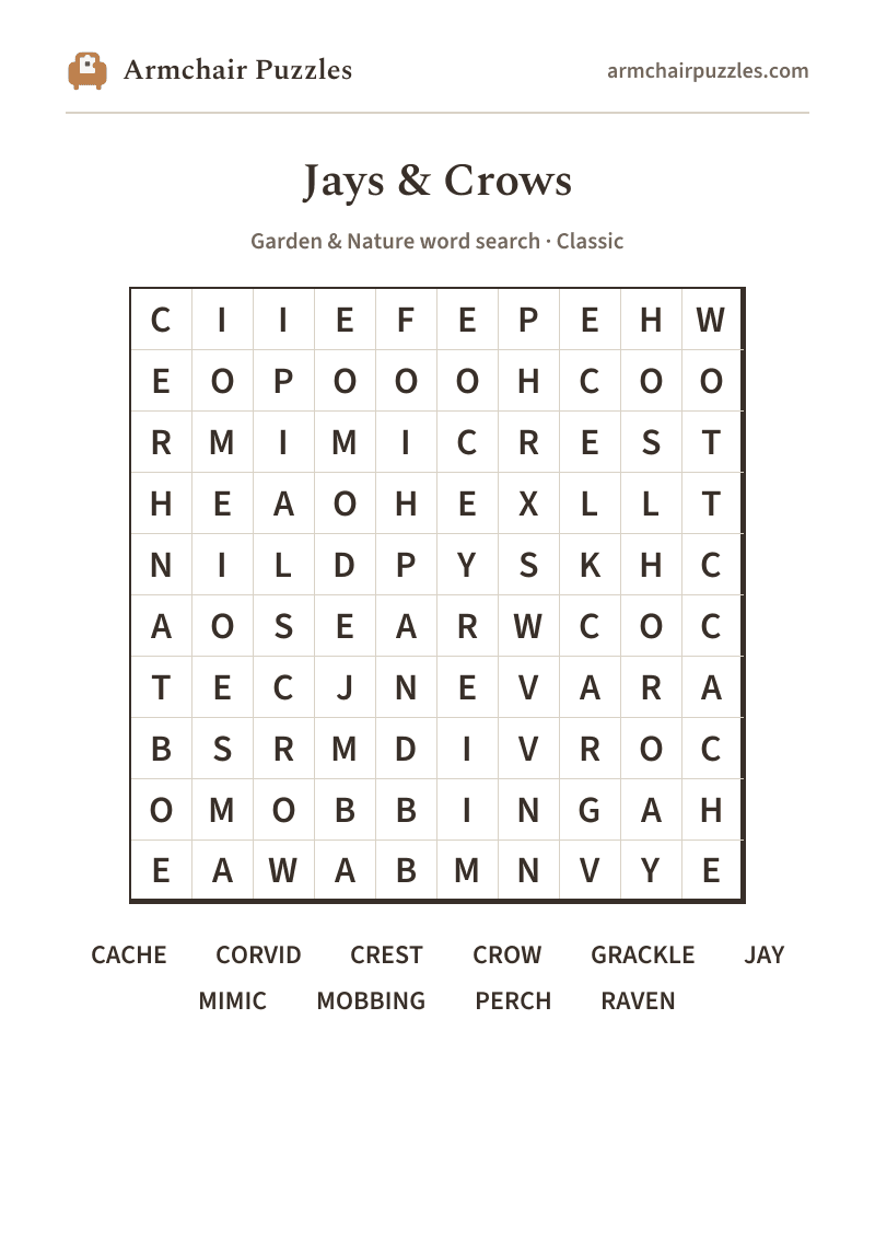 The printable Jays & Crows word search sheet