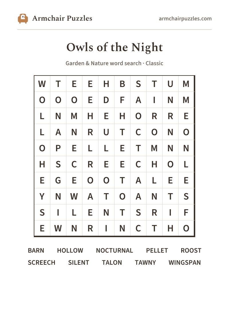 The printable Owls of the Night word search sheet