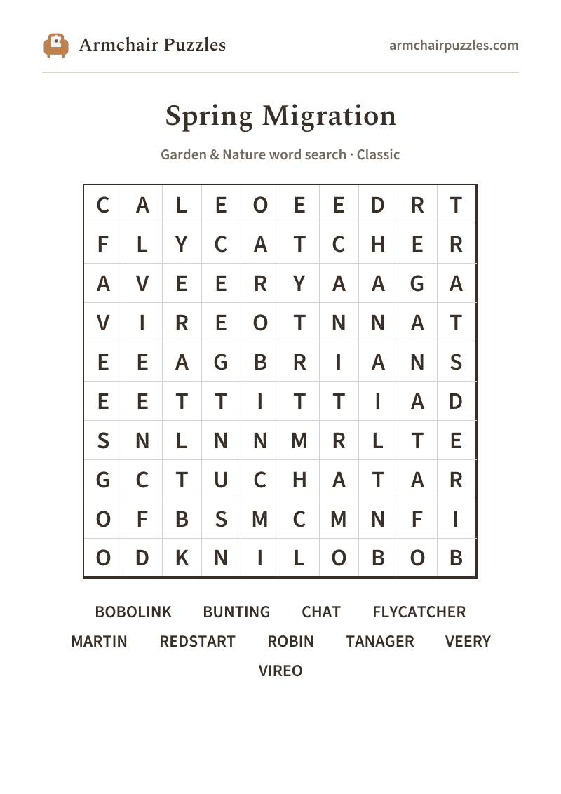 The printable Spring Migration word search sheet