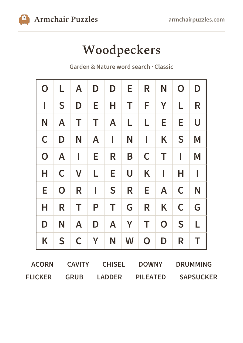 The printable Woodpeckers word search sheet