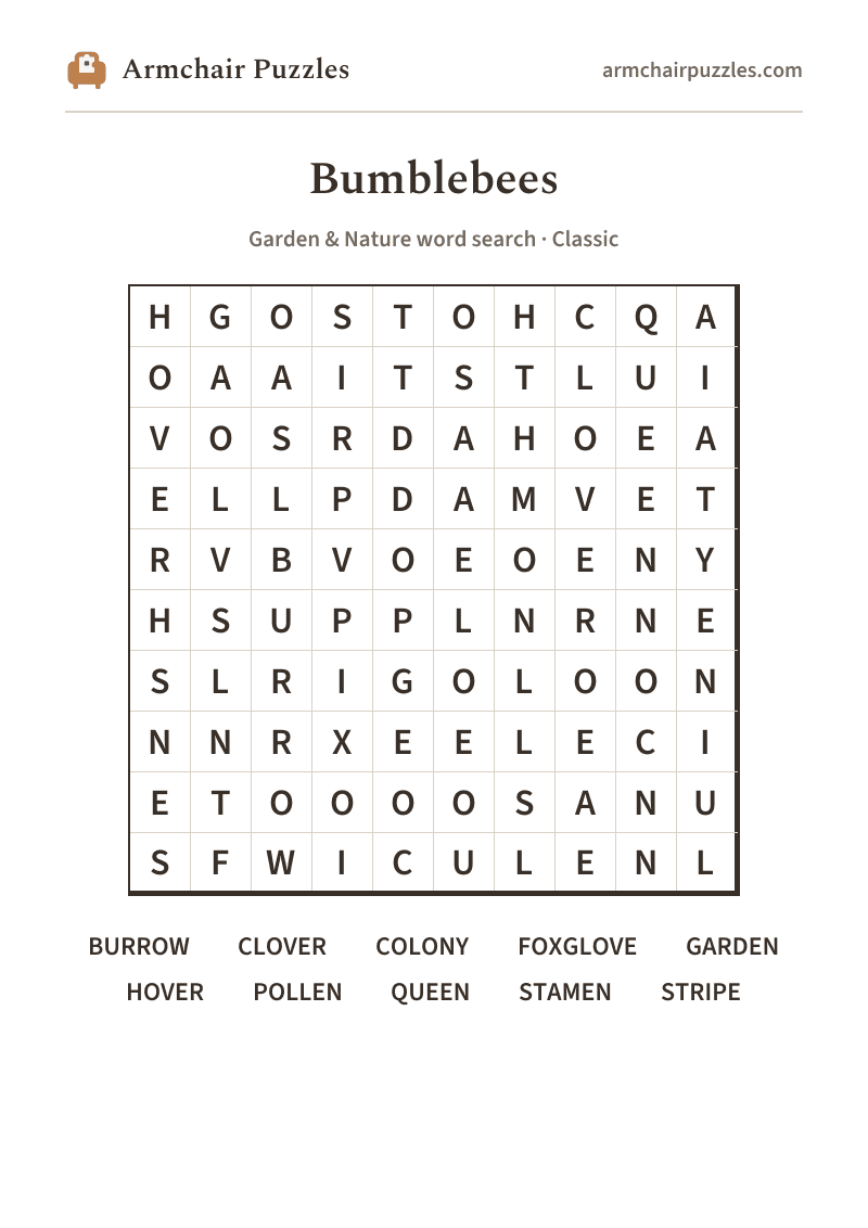The printable Bumblebees word search sheet
