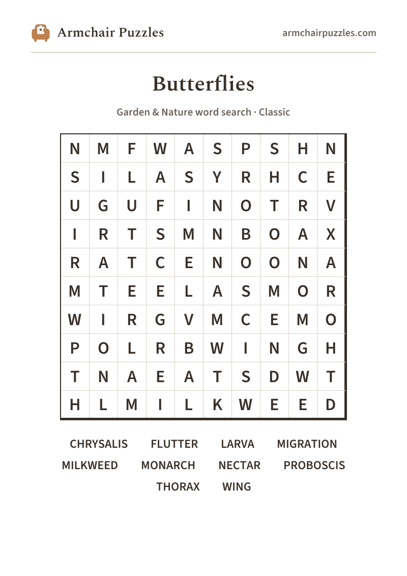 The printable Butterflies word search sheet