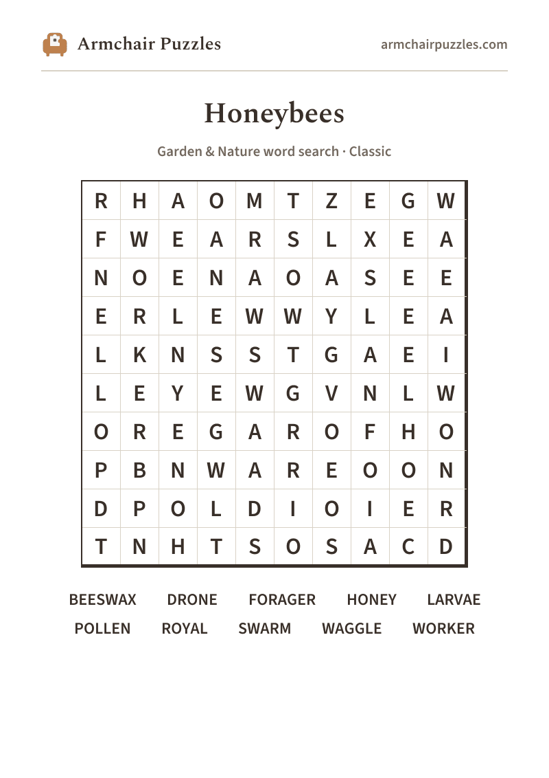 The printable Honeybees word search sheet
