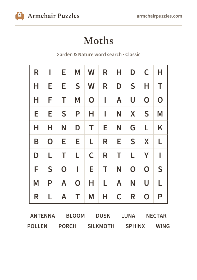 The printable Moths word search sheet