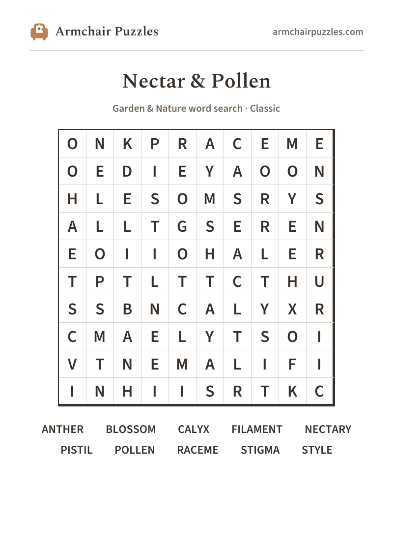 The printable Nectar & Pollen word search sheet