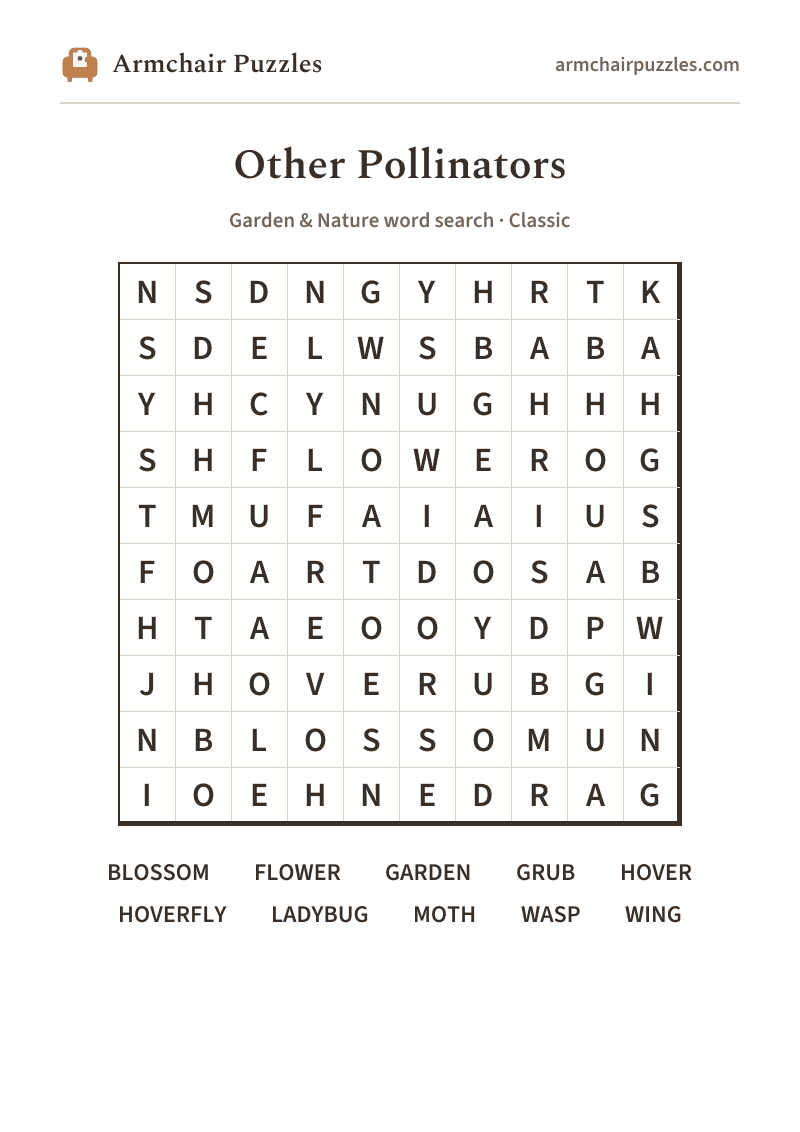 The printable Other Pollinators word search sheet