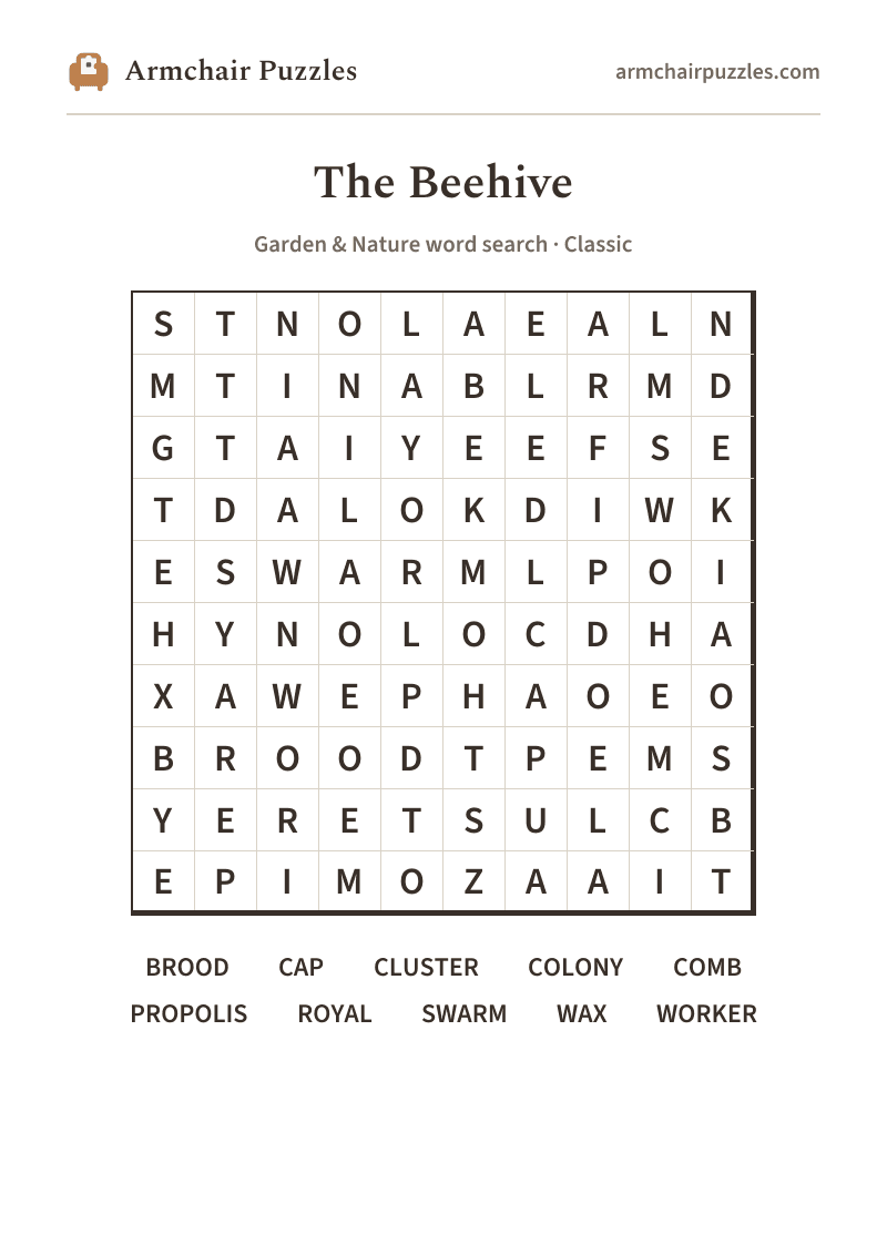 The printable The Beehive word search sheet
