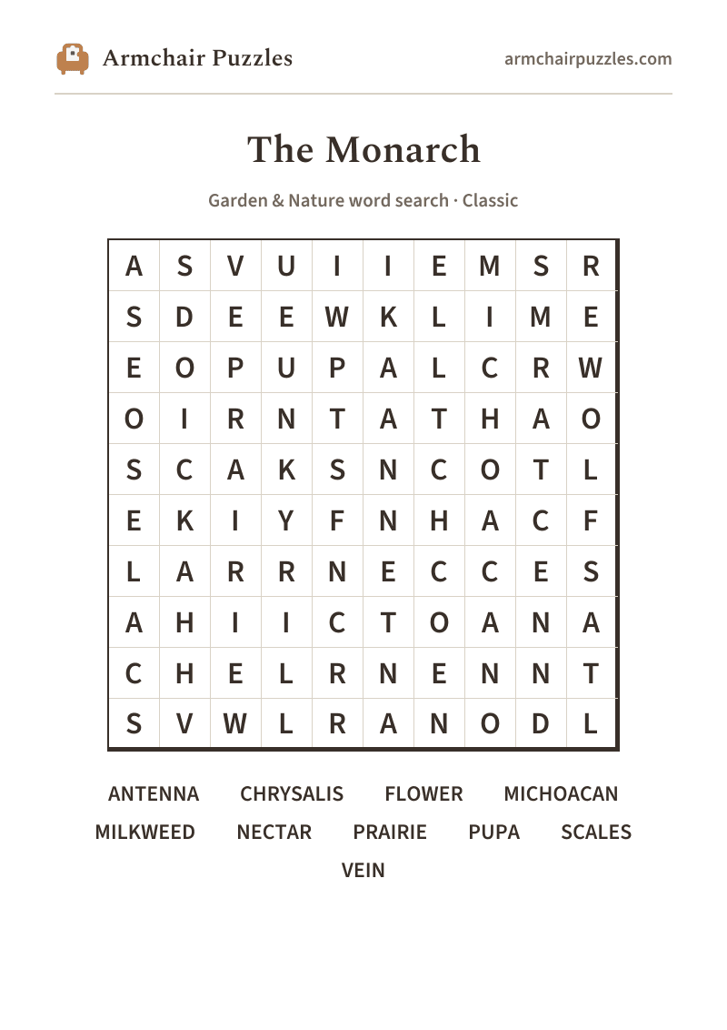 The printable The Monarch word search sheet
