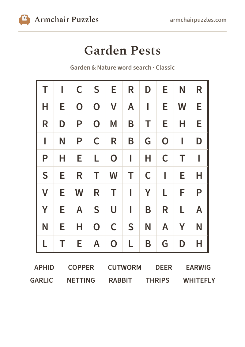 The printable Garden Pests word search sheet in large print