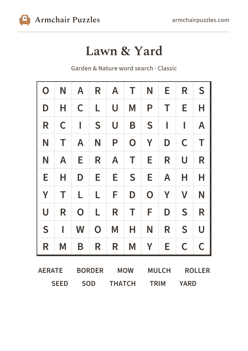 The printable Lawn & Yard word search sheet