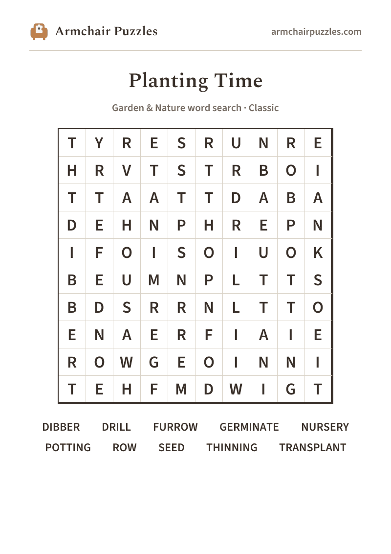 The printable Planting Time word search sheet