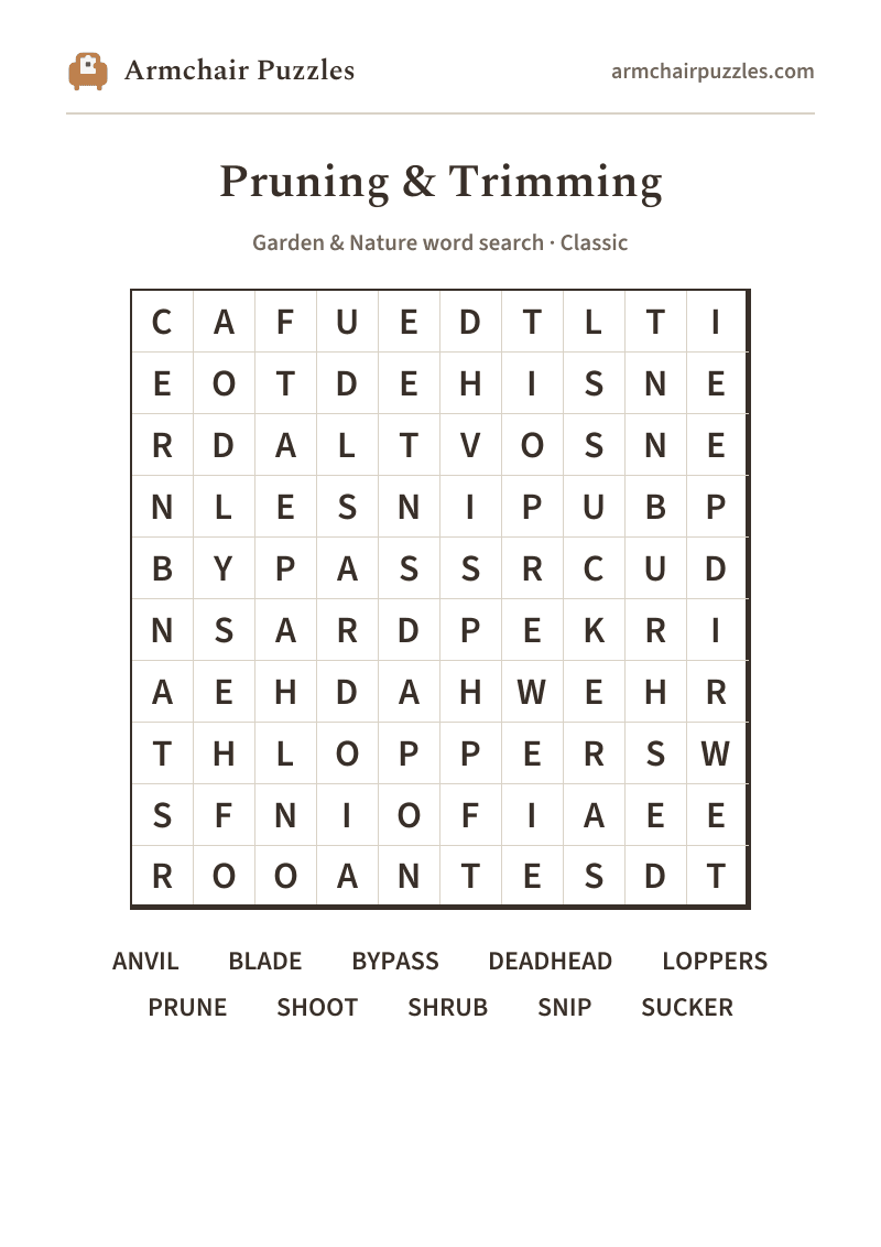 The printable Pruning & Trimming word search sheet