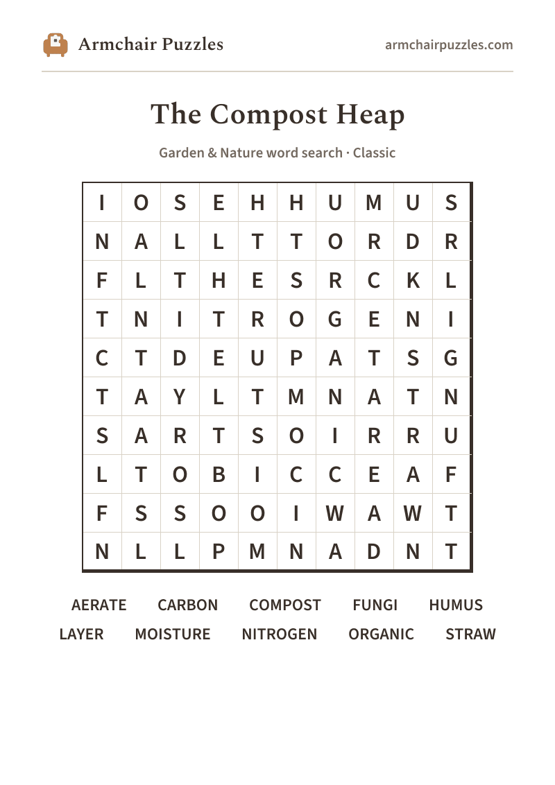 The printable The Compost Heap word search sheet