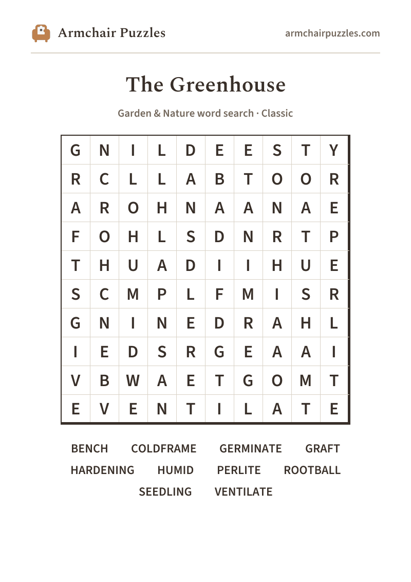 The printable The Greenhouse word search sheet