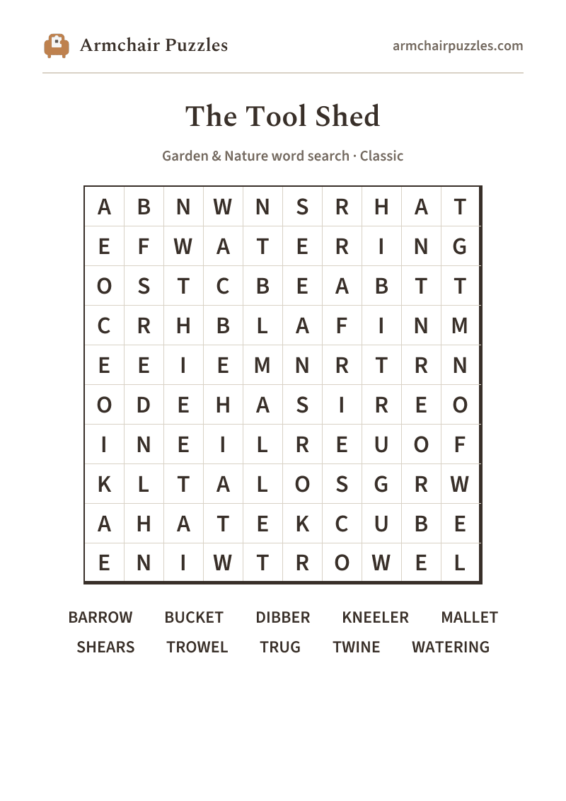 The printable The Tool Shed word search sheet