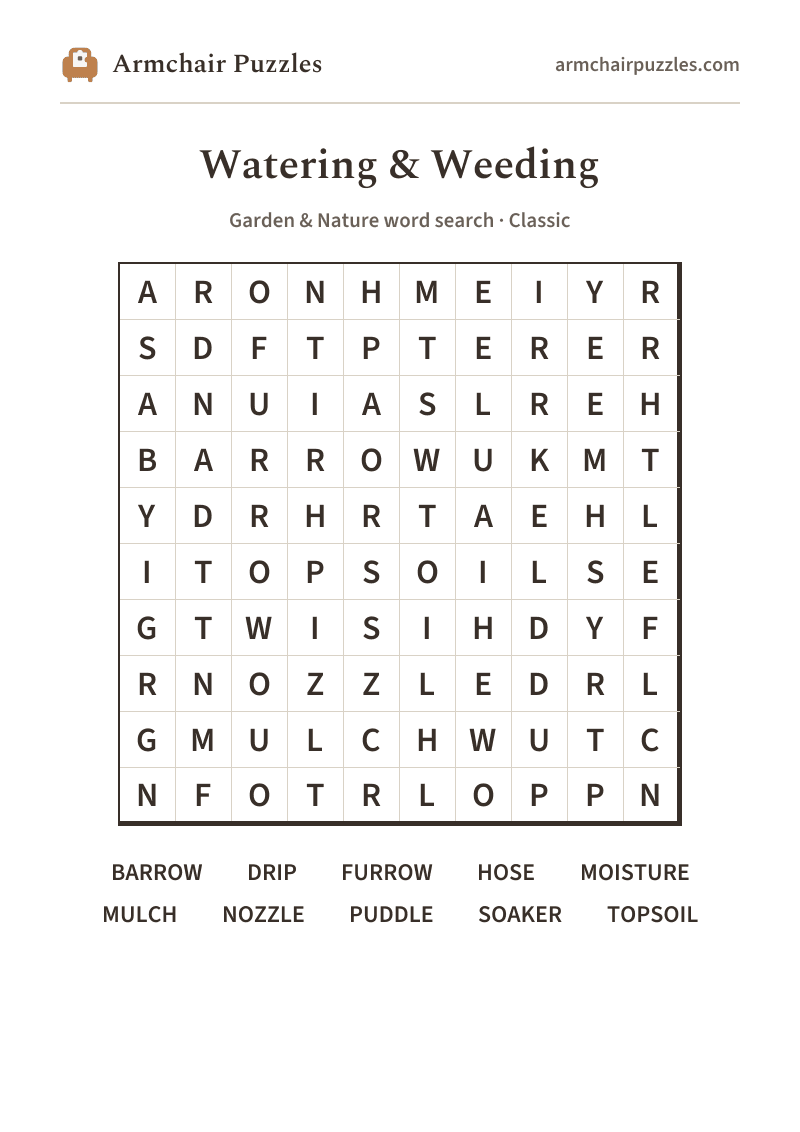The printable Watering & Weeding word search sheet