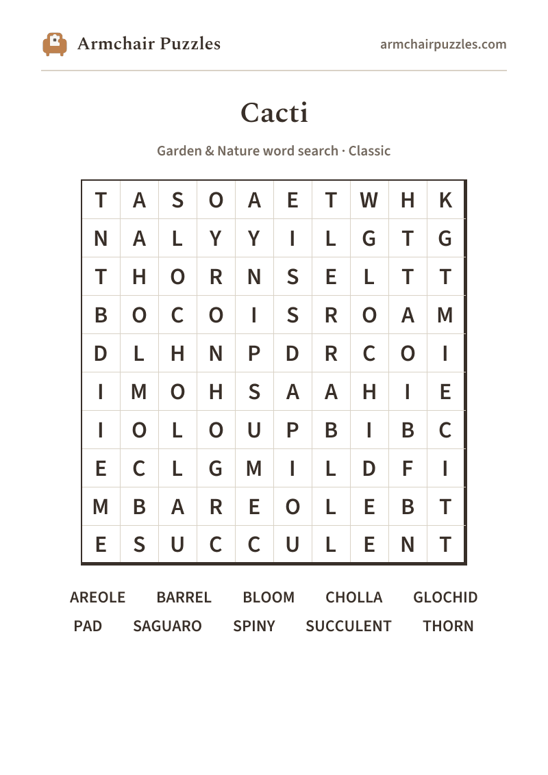 The printable Cacti word search sheet
