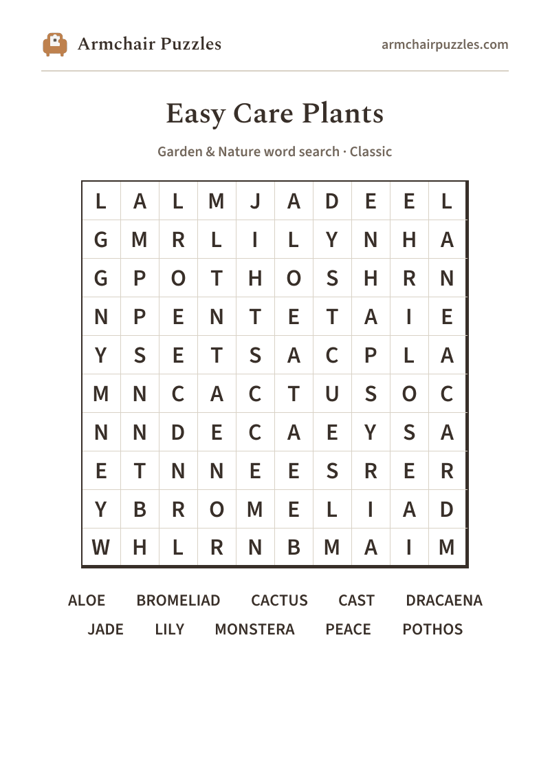 The printable Easy Care Plants word search sheet
