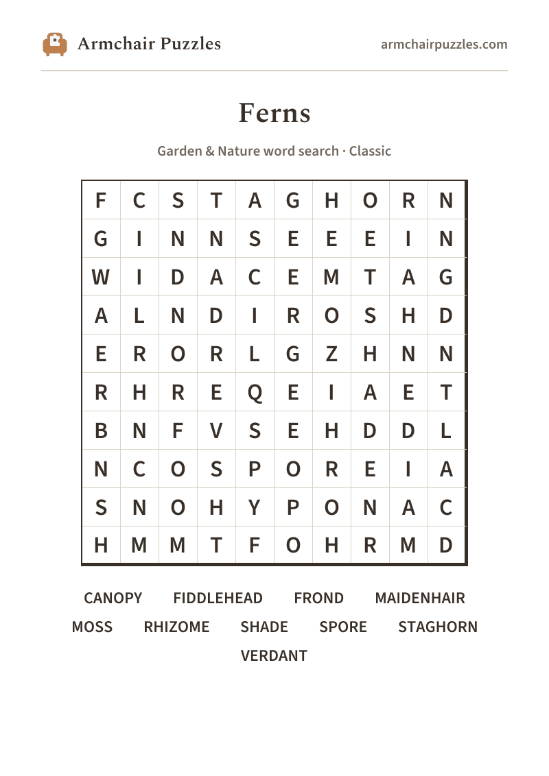 The printable Ferns word search sheet