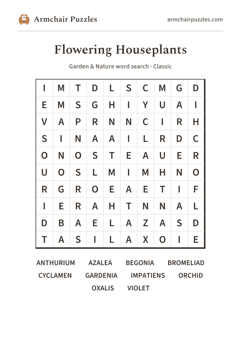 The printable Flowering Houseplants word search sheet