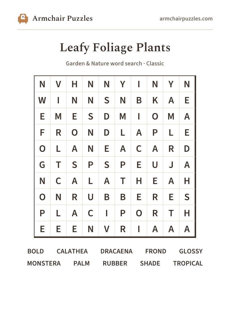 The printable Leafy Foliage Plants word search sheet
