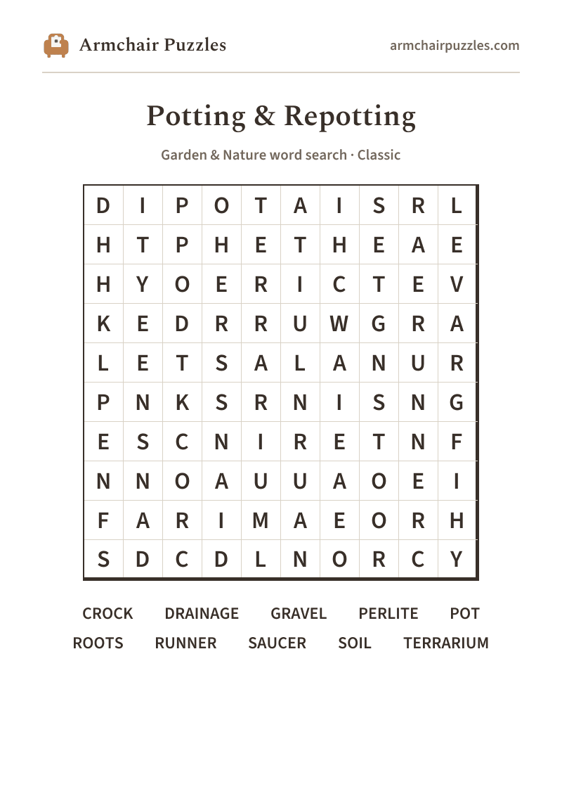 The printable Potting & Repotting word search sheet