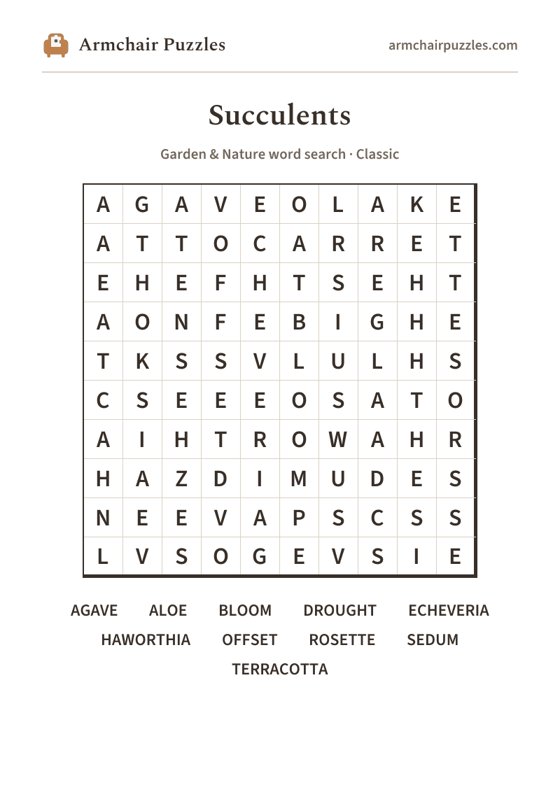 The printable Succulents word search sheet