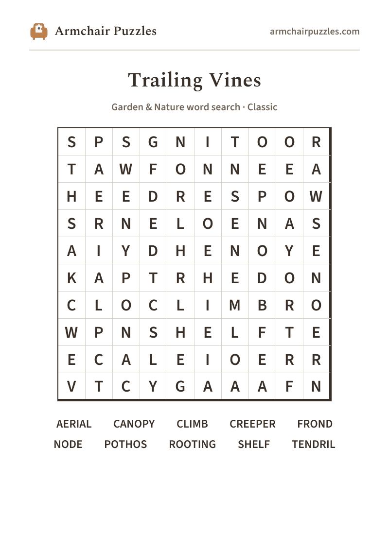 The printable Trailing Vines word search sheet