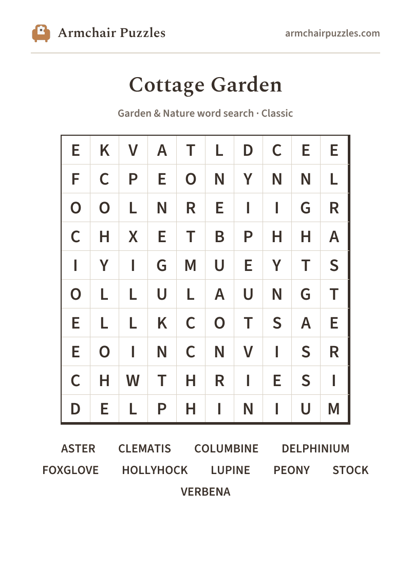 The printable Cottage Garden word search sheet