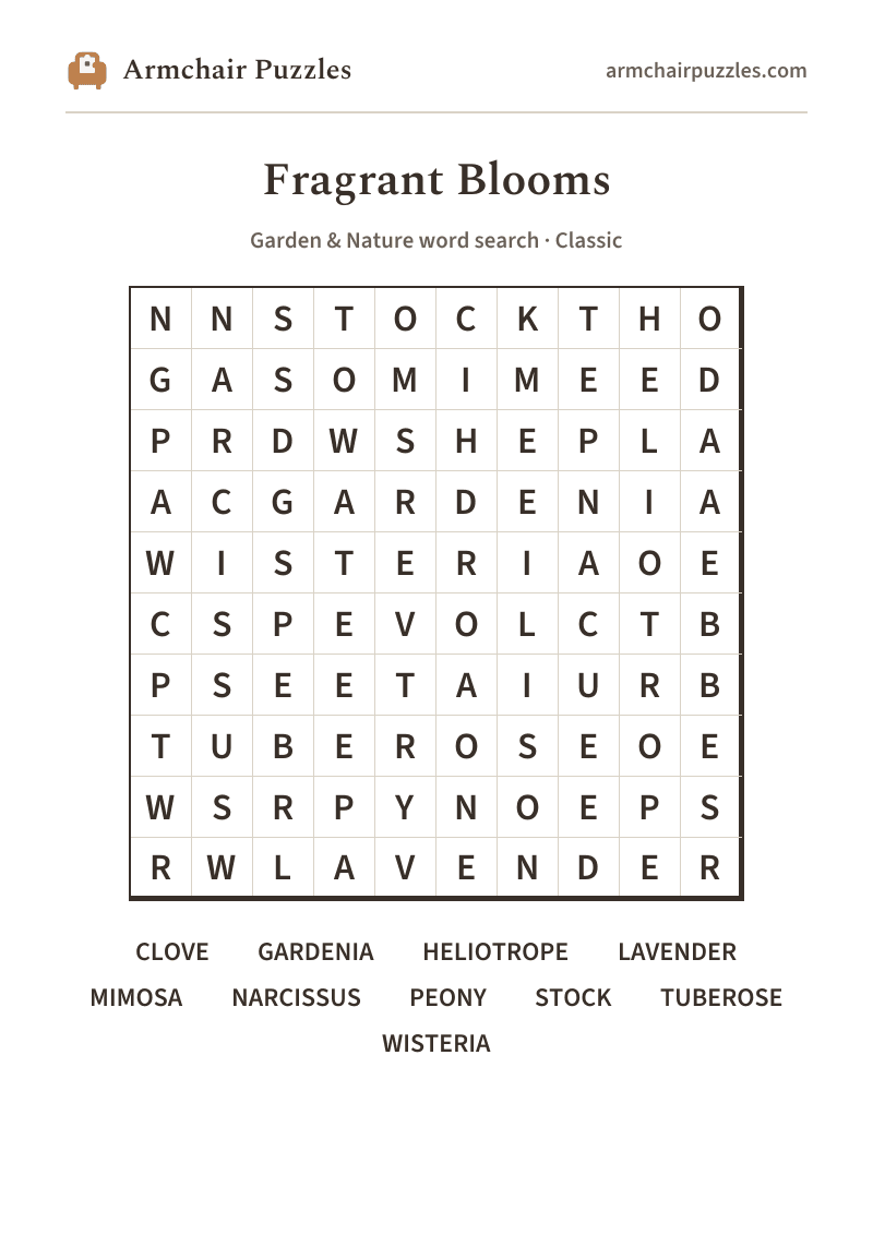 The printable Fragrant Blooms word search sheet