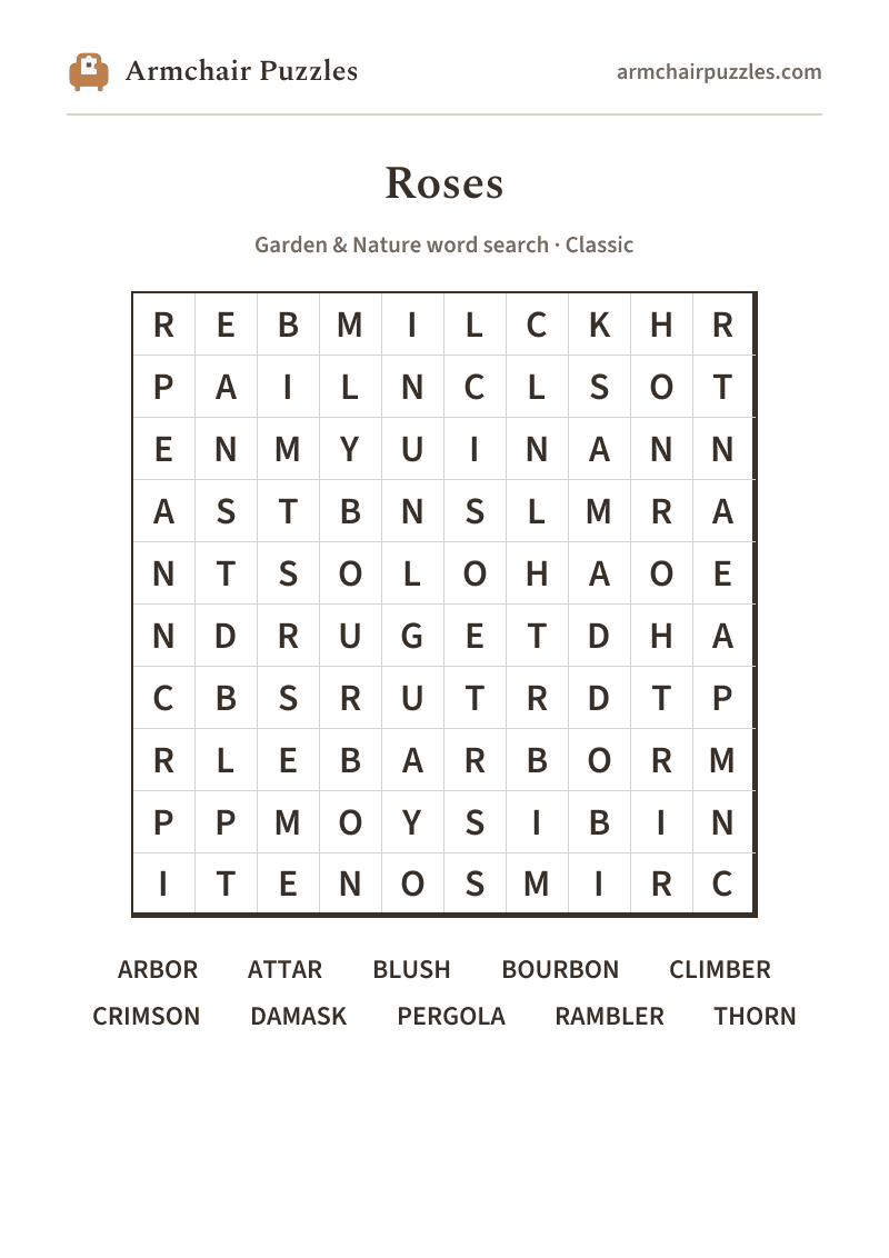 The printable Roses word search sheet in large print
