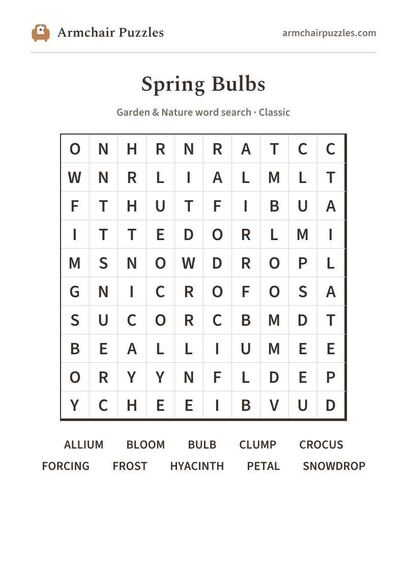 The printable Spring Bulbs word search sheet