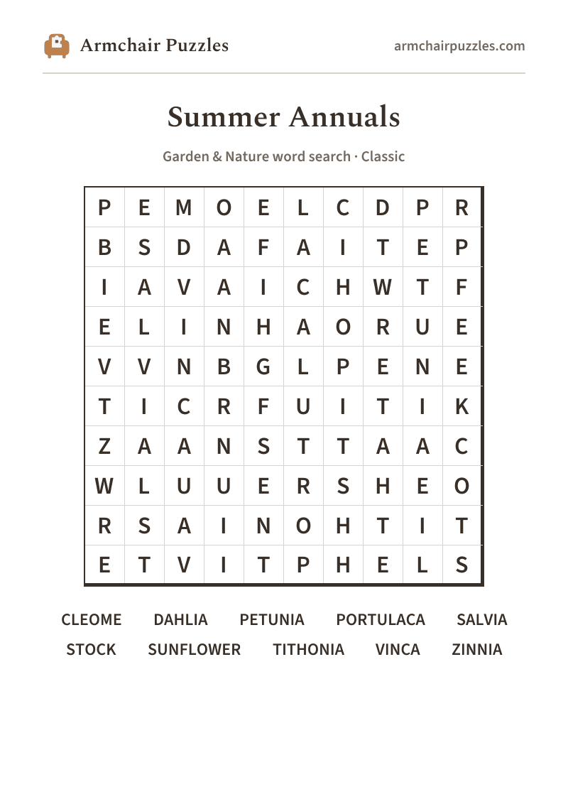 The printable Summer Annuals word search sheet