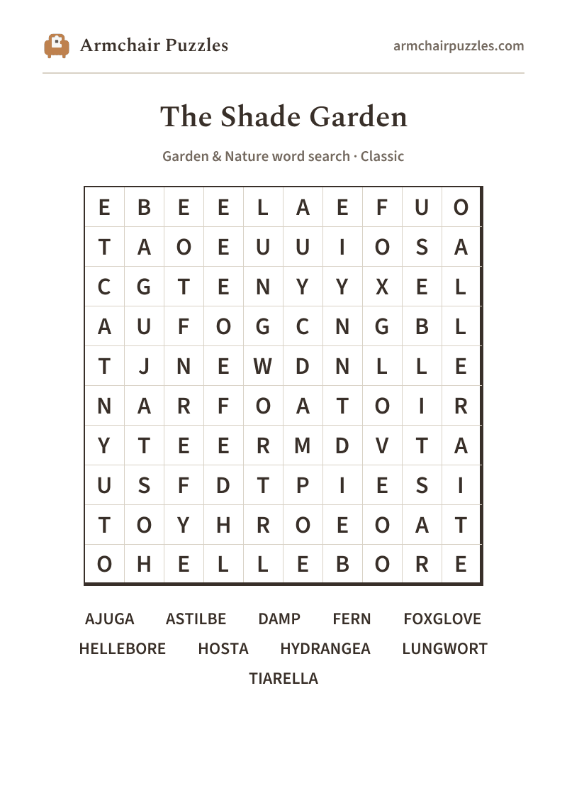 The printable The Shade Garden word search sheet