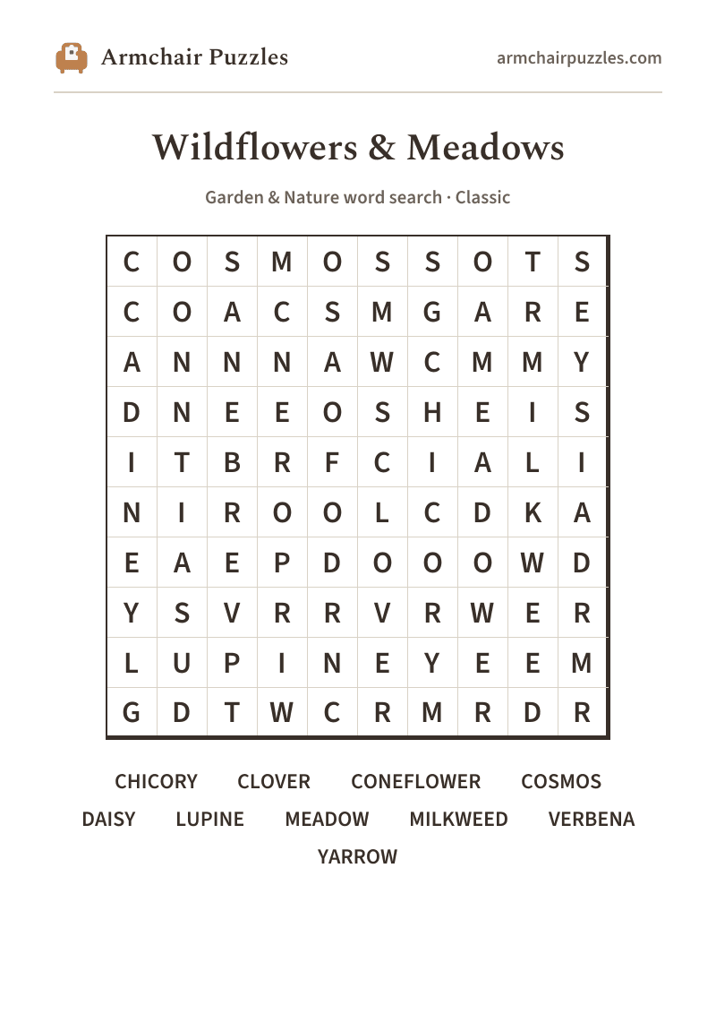 The printable Wildflowers & Meadows word search sheet