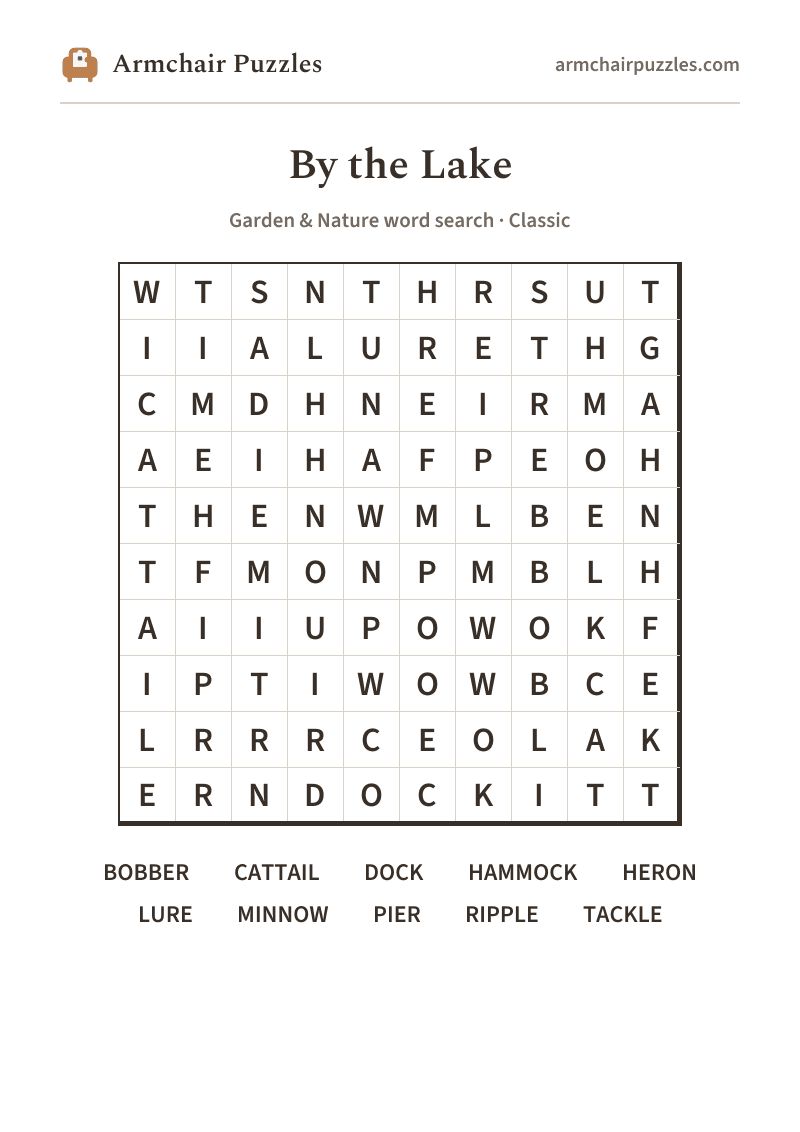 The printable By the Lake word search sheet