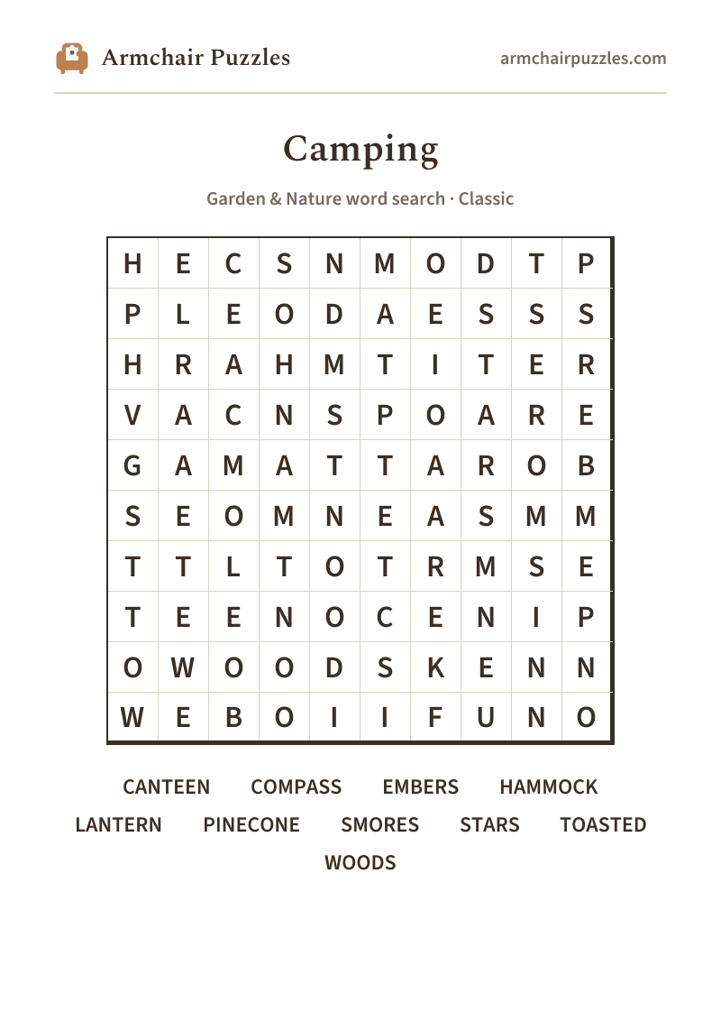 The printable Camping word search sheet